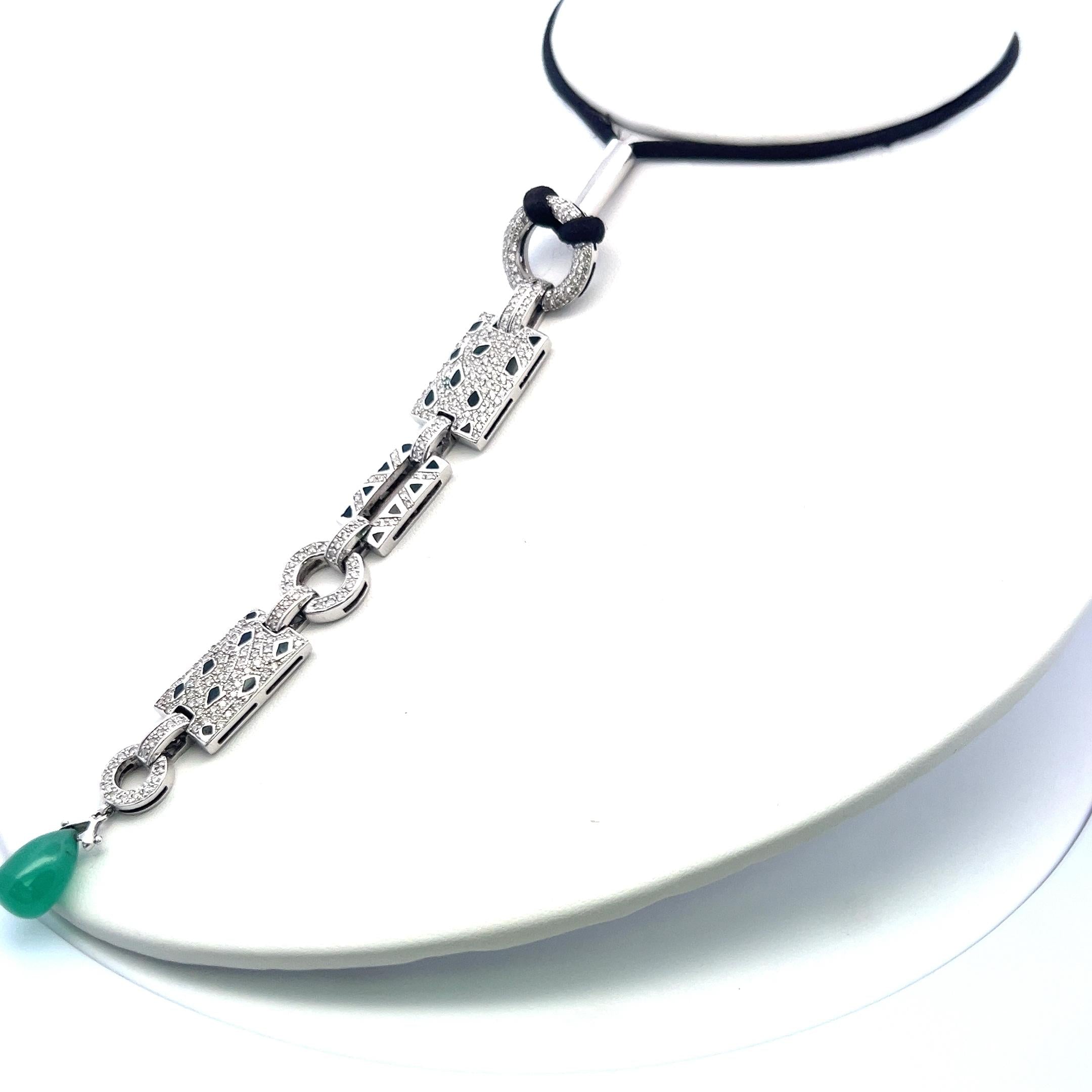 18K WG Pendant Necklace with 2.67 Carat Round H SI Diamonds & 12.4-8.6mm Emerald
