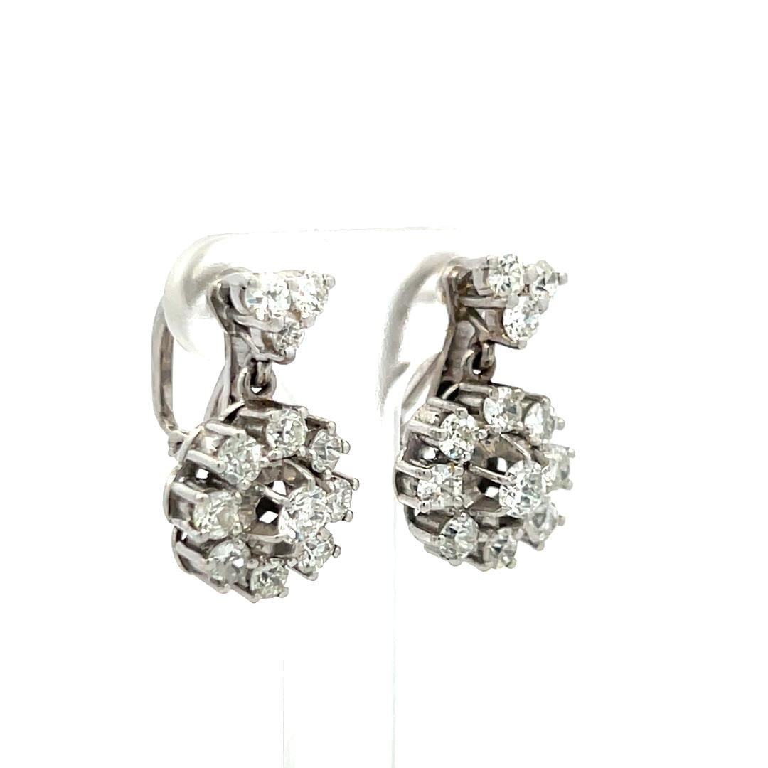 18K White Gold 2.60ct H SI Round Brilliant Diamond Vintage Dangle Earrings