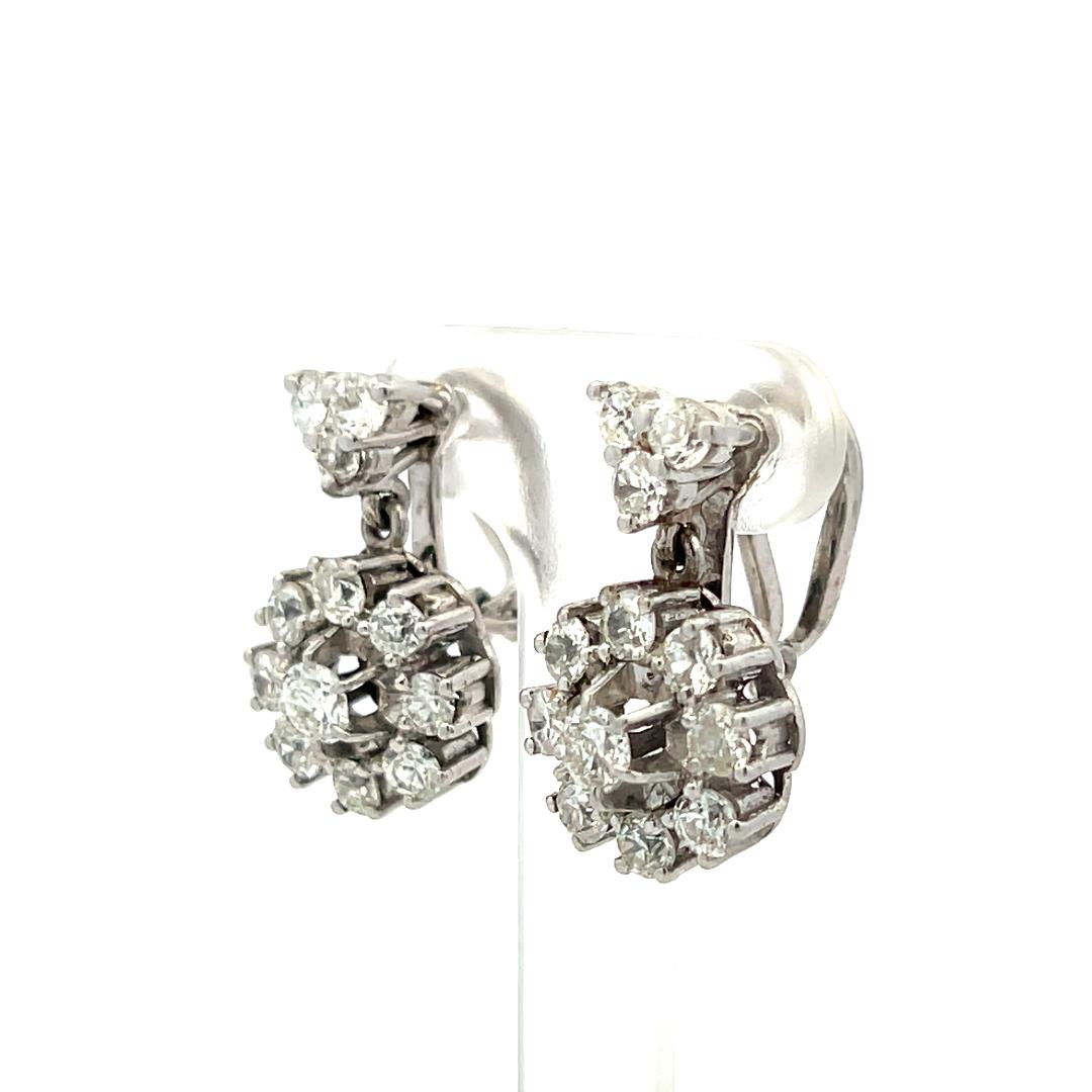 18K White Gold 2.60ct H SI Round Brilliant Diamond Vintage Dangle Earrings