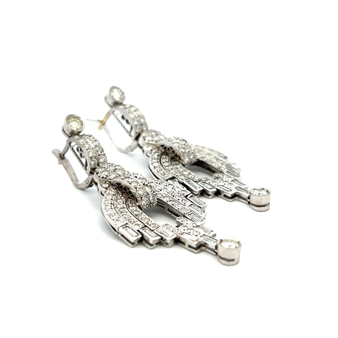 18K WG Dangling Earrings with 7.3 Carat Round & Baguette Shape Diamonds H-VS