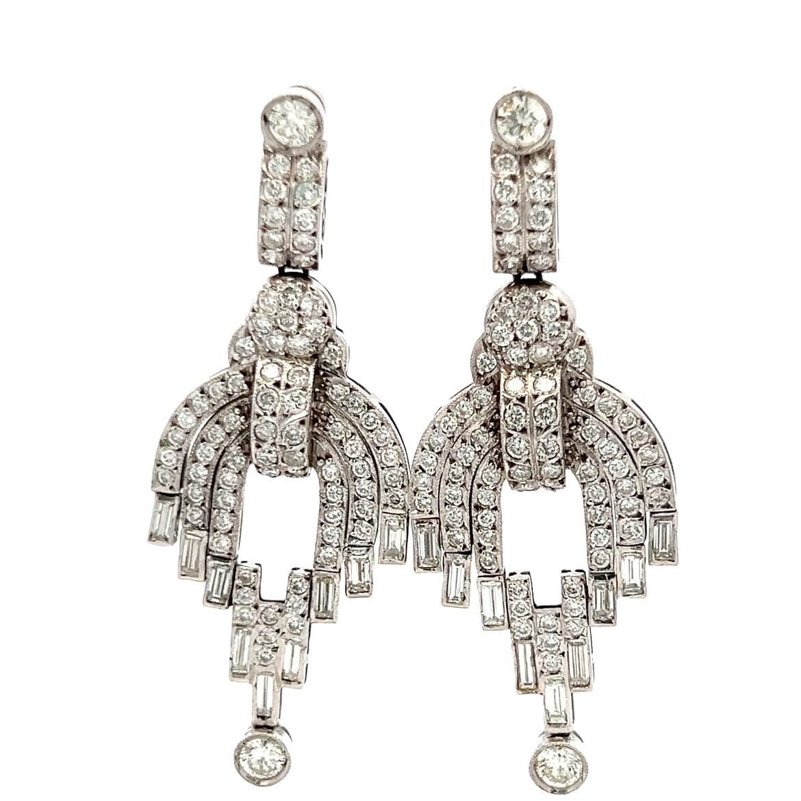 18K WG Dangling Earrings with 7.3 Carat Round & Baguette Shape Diamonds H-VS