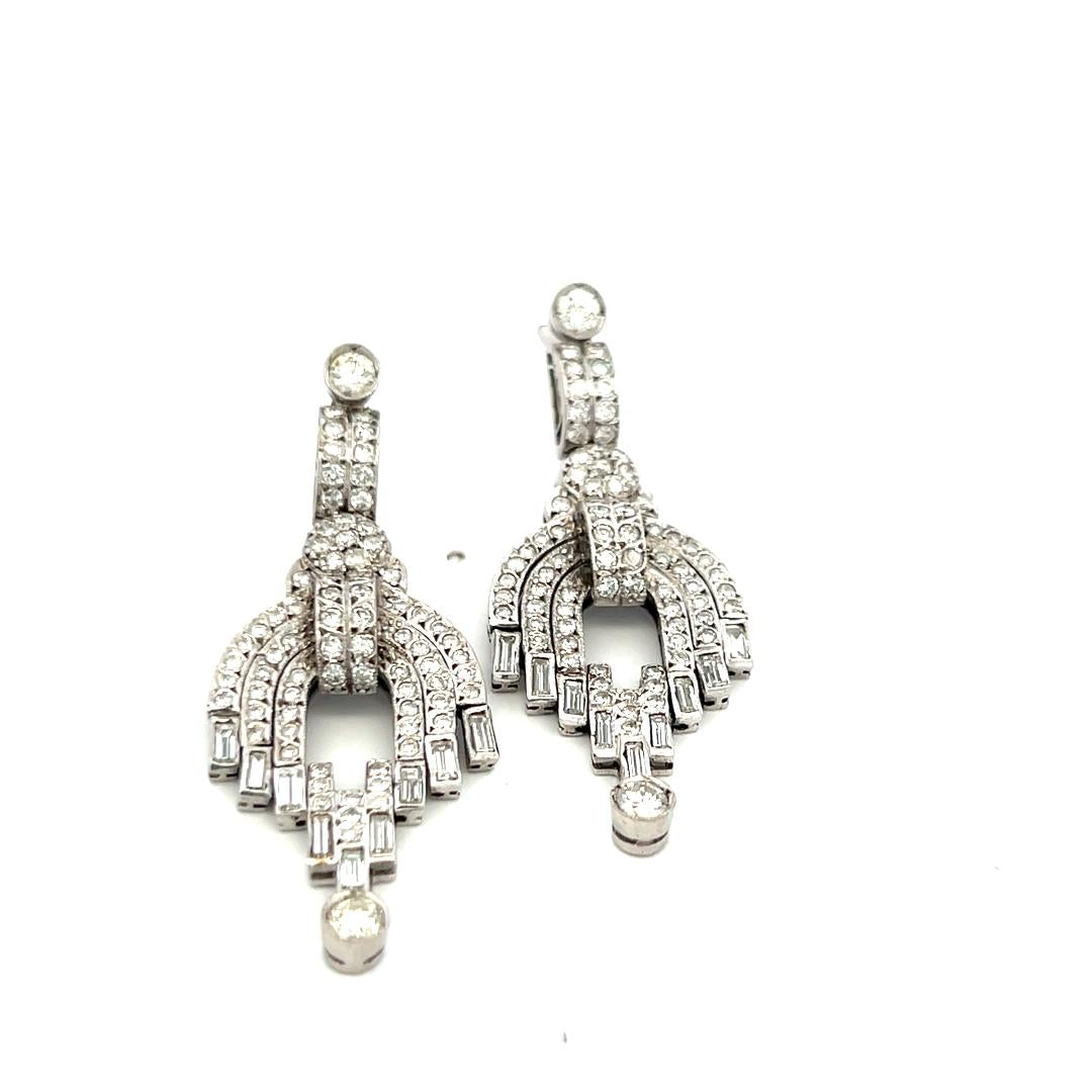 18K WG Dangling Earrings with 7.3 Carat Round & Baguette Shape Diamonds H-VS