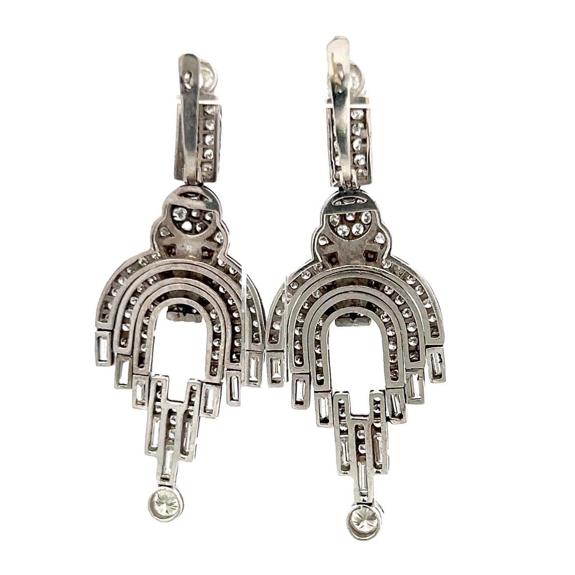 18K WG Dangling Earrings with 7.3 Carat Round & Baguette Shape Diamonds H-VS