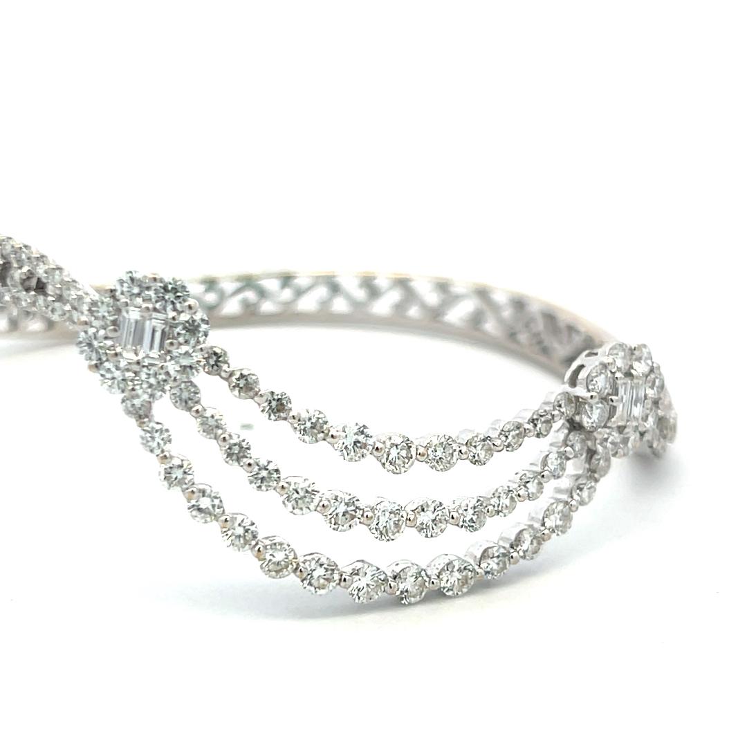 Vintage 18K White Gold Bangle Bracelet with 3.4 Carat Round & Baguette Diamonds