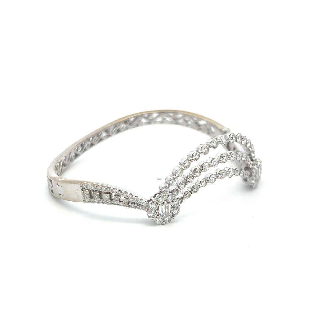 Vintage 18K White Gold Bangle Bracelet with 3.4 Carat Round & Baguette Diamonds