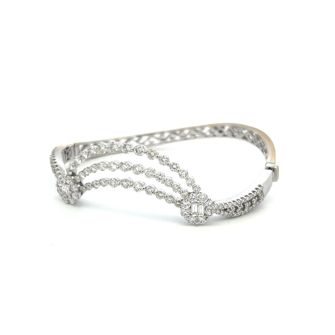 Vintage 18K White Gold Bangle Bracelet with 3.4 Carat Round & Baguette Diamonds