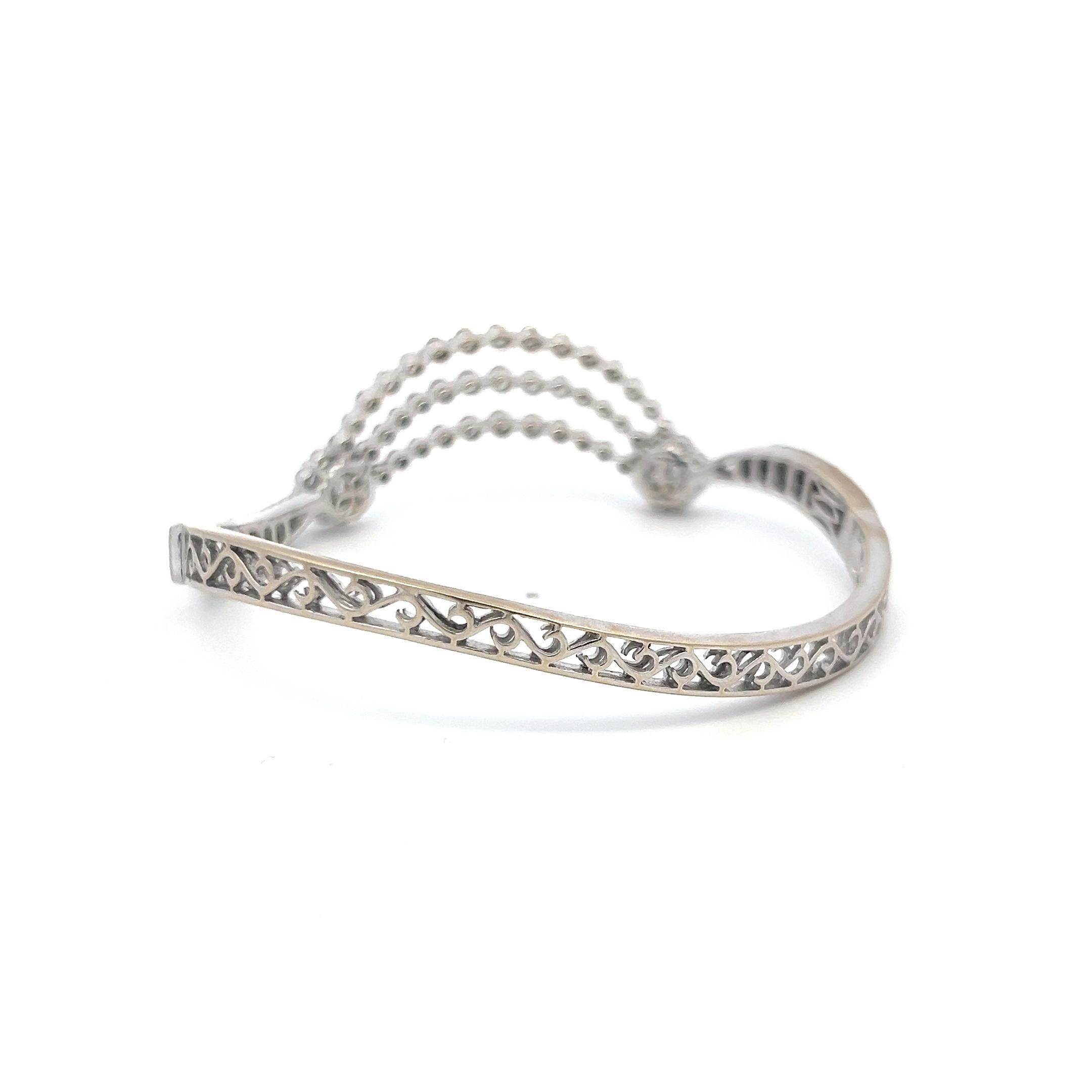 Vintage 18K White Gold Bangle Bracelet with 3.4 Carat Round & Baguette Diamonds