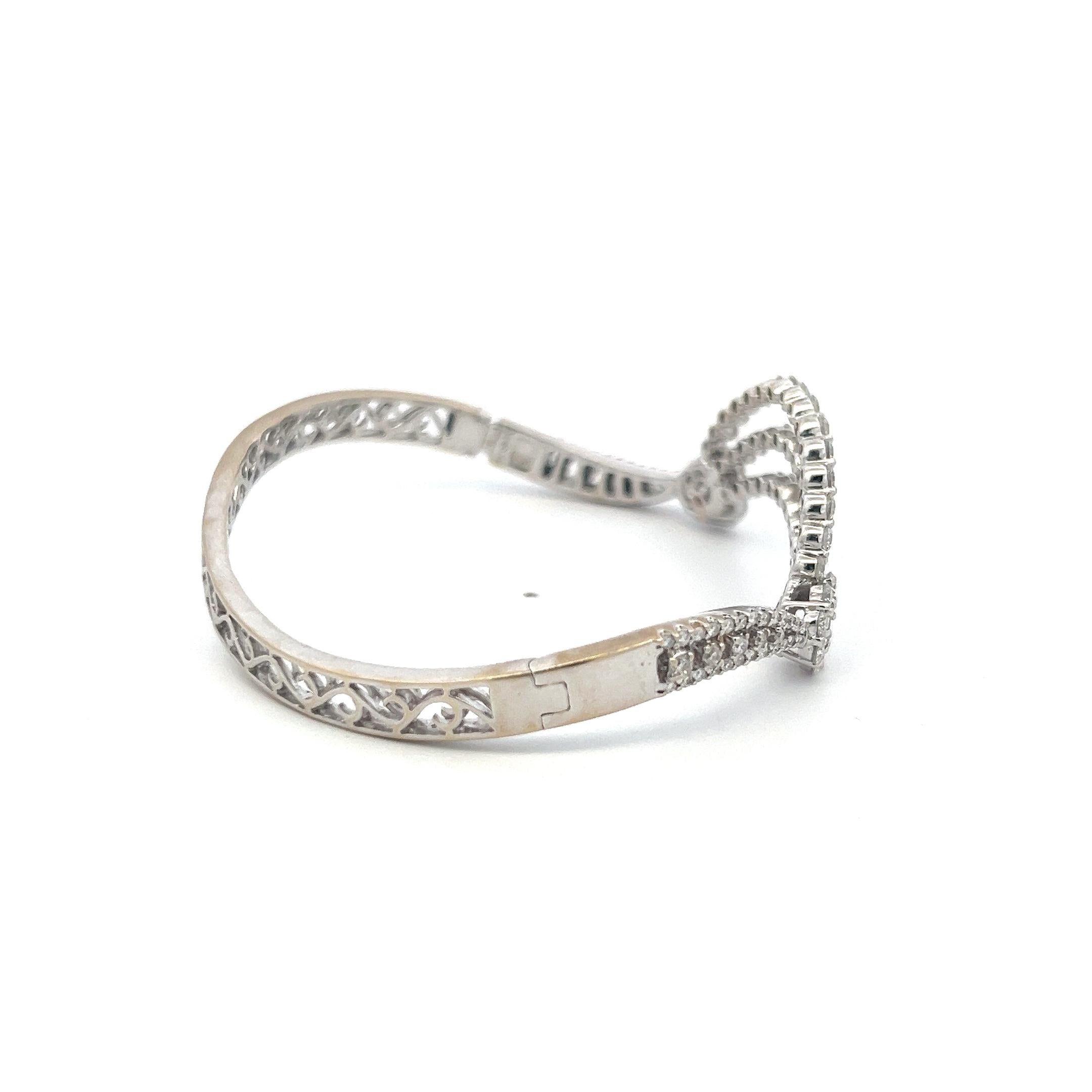 Vintage 18K White Gold Bangle Bracelet with 3.4 Carat Round & Baguette Diamonds