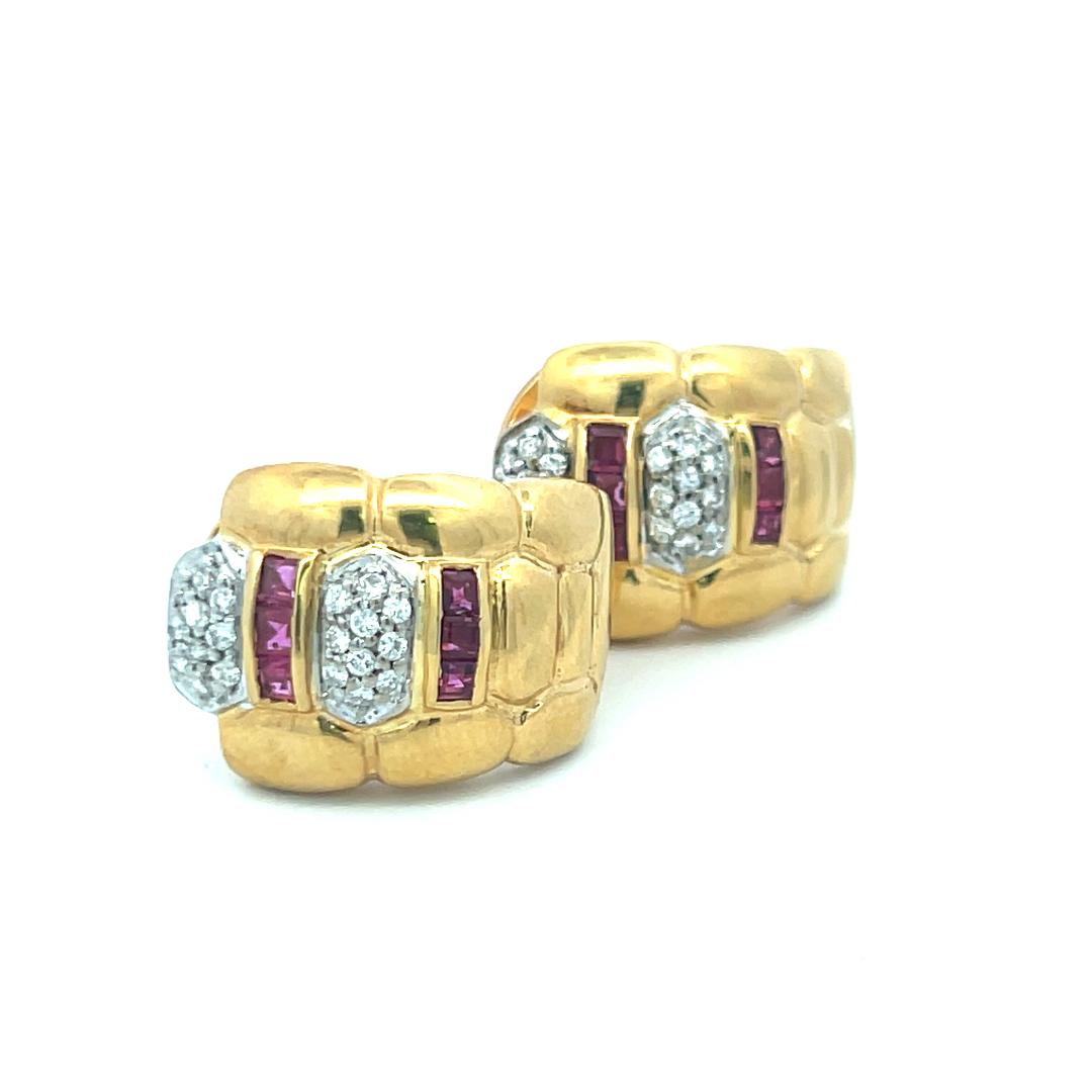 0.60 Carat Round Brilliant Diamond 0.60 Carat Ruby 18K Gold Clip on Earrings