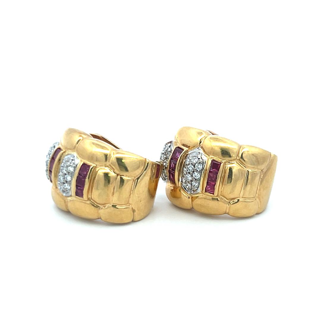 0.60 Carat Round Brilliant Diamond 0.60 Carat Ruby 18K Gold Clip on Earrings