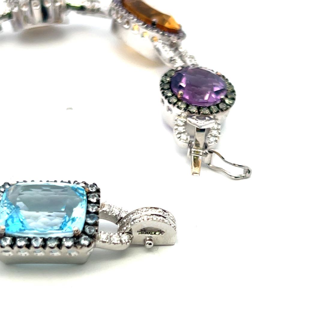 Valente 18K White Gold Link Bracelet with 1.43 Carat Round Diamonds & Multi-Gems
