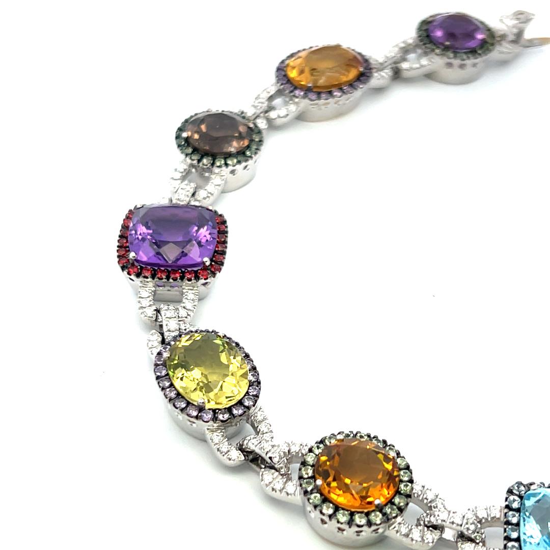 Valente 18K White Gold Link Bracelet with 1.43 Carat Round Diamonds & Multi-Gems