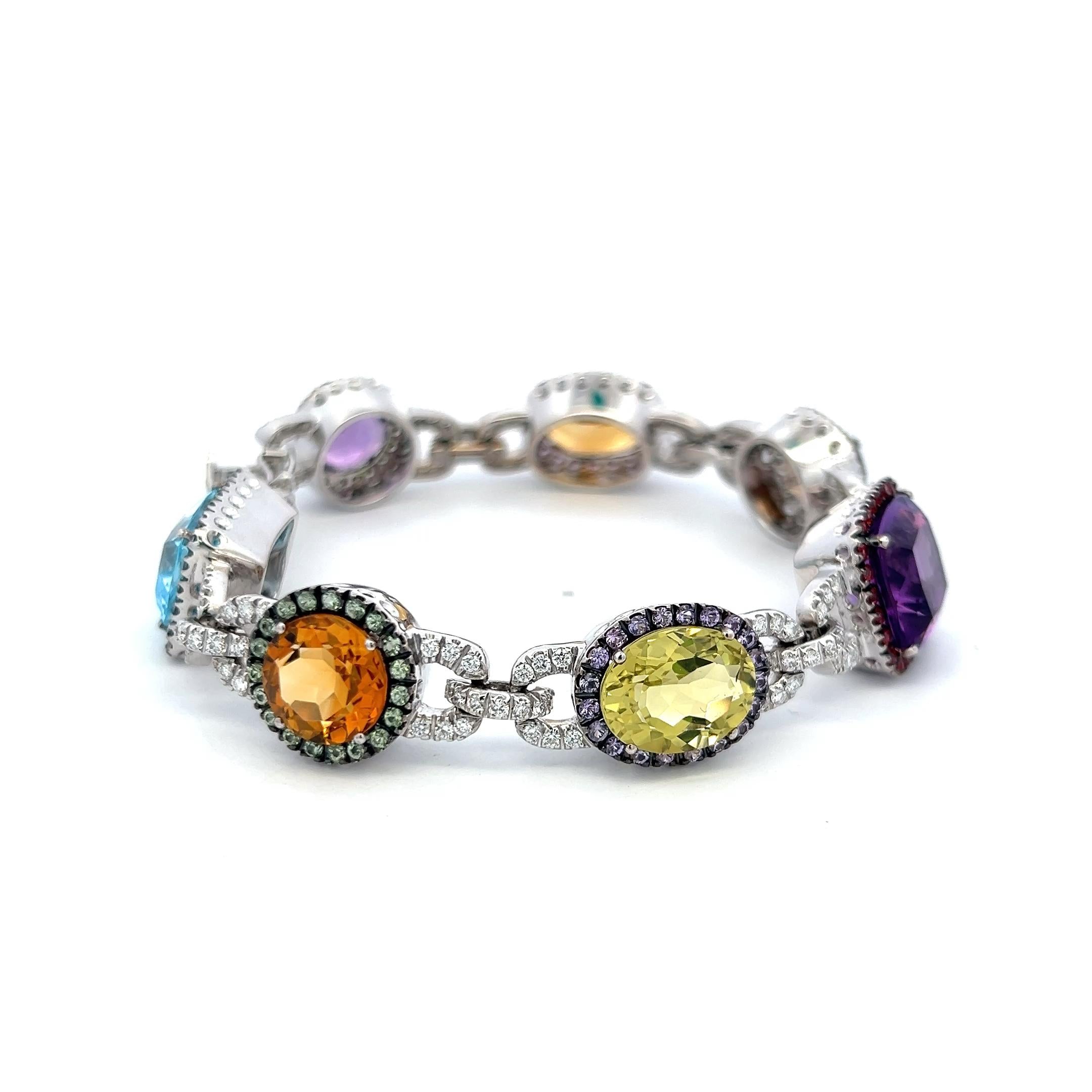 Valente 18K White Gold Link Bracelet with 1.43 Carat Round Diamonds & Multi-Gems