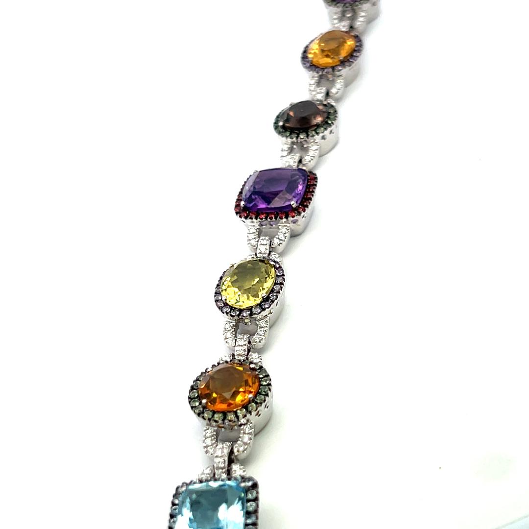 Valente 18K White Gold Link Bracelet with 1.43 Carat Round Diamonds & Multi-Gems