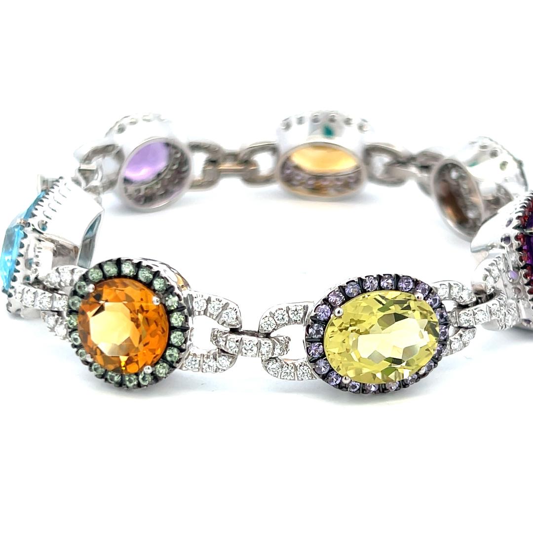Valente 18K White Gold Link Bracelet with 1.43 Carat Round Diamonds & Multi-Gems