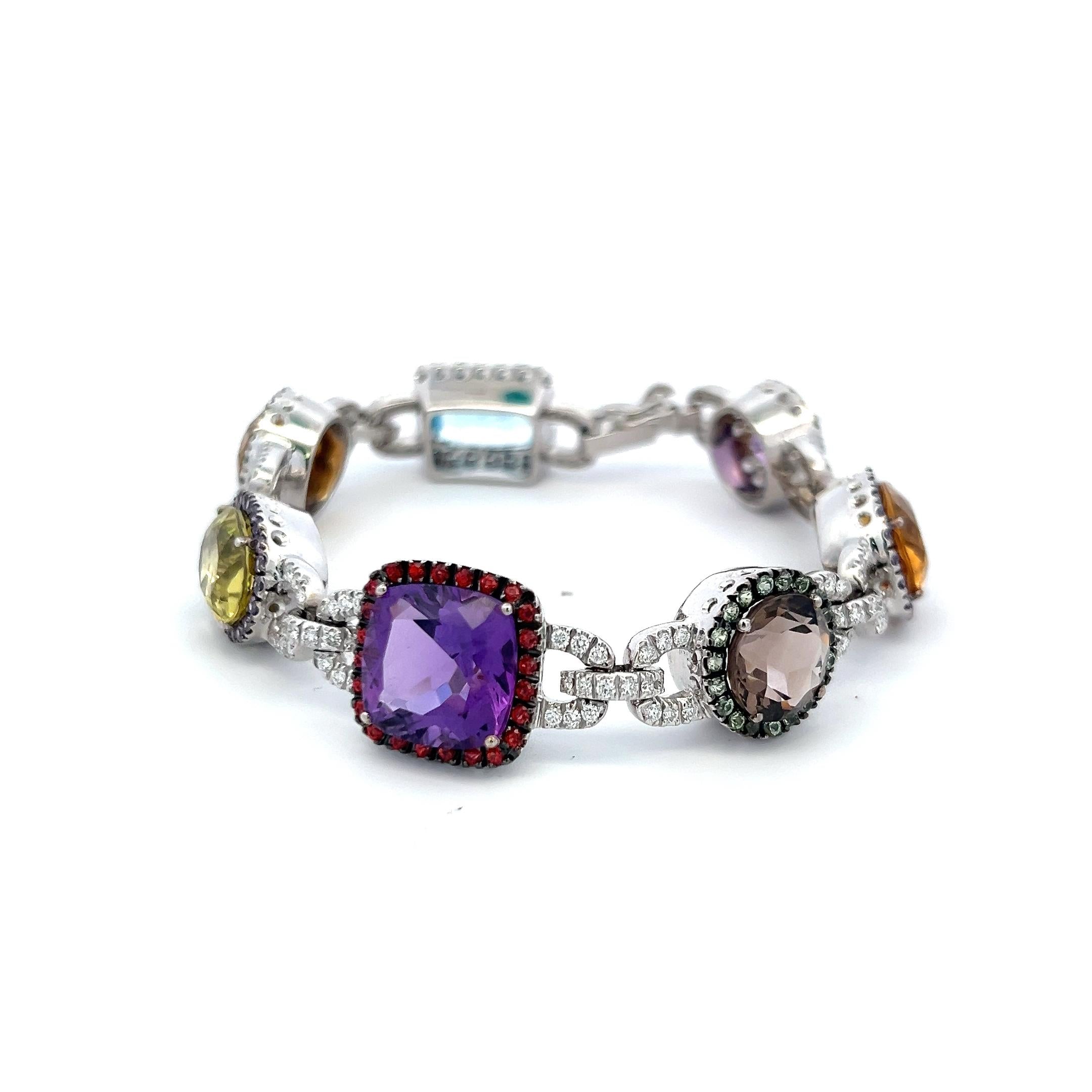 Valente 18K White Gold Link Bracelet with 1.43 Carat Round Diamonds & Multi-Gems