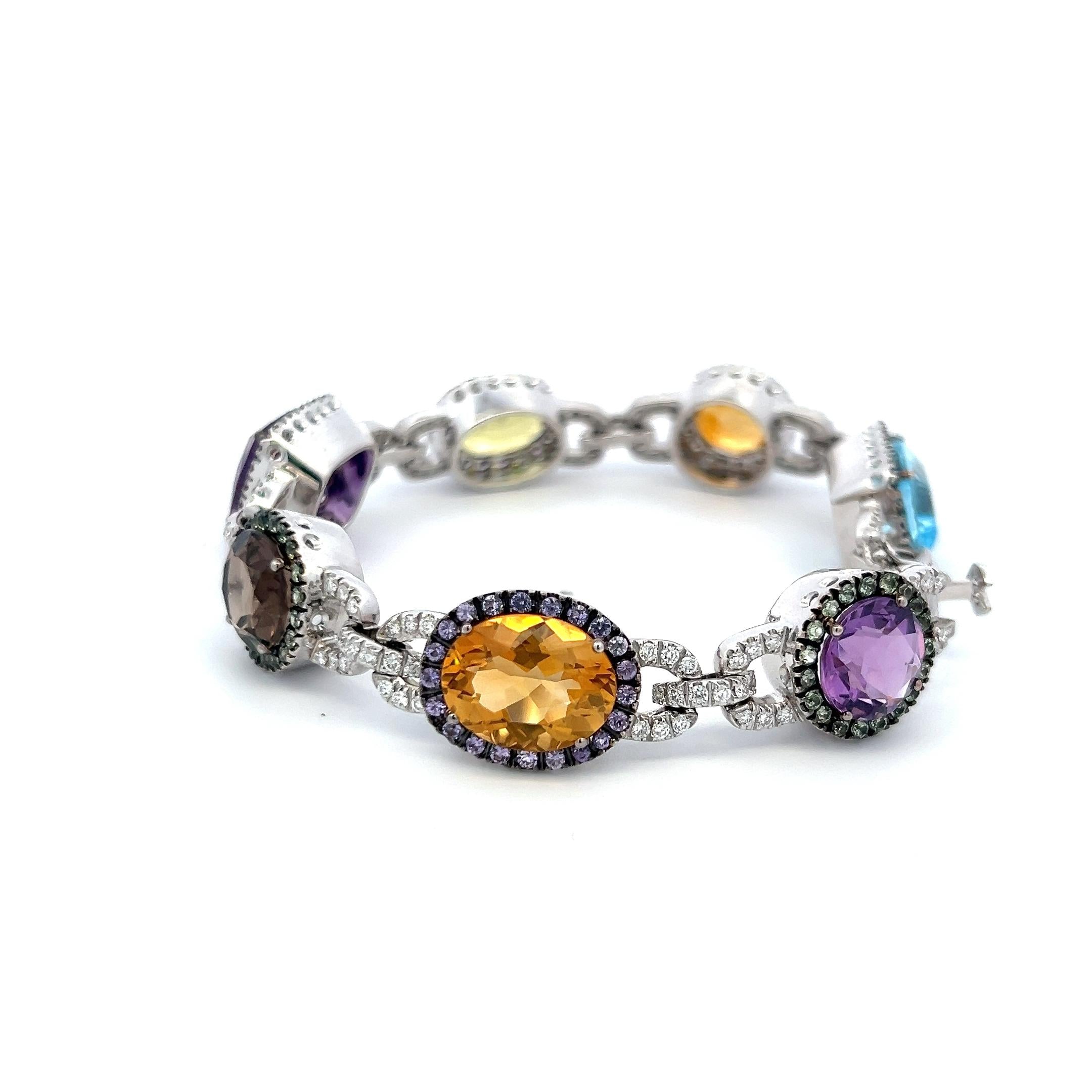 Valente 18K White Gold Link Bracelet with 1.43 Carat Round Diamonds & Multi-Gems