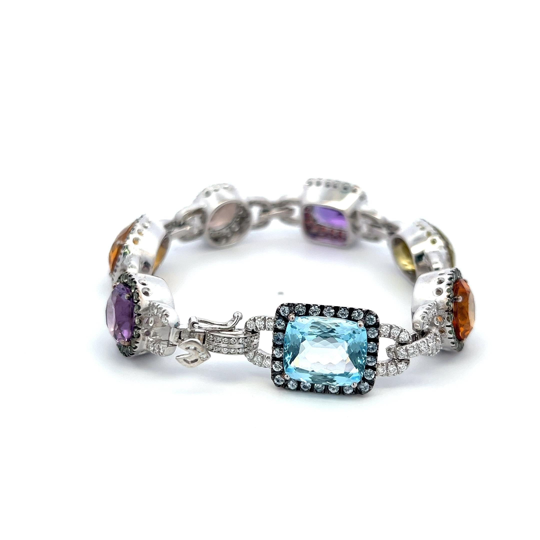 Valente 18K White Gold Link Bracelet with 1.43 Carat Round Diamonds & Multi-Gems