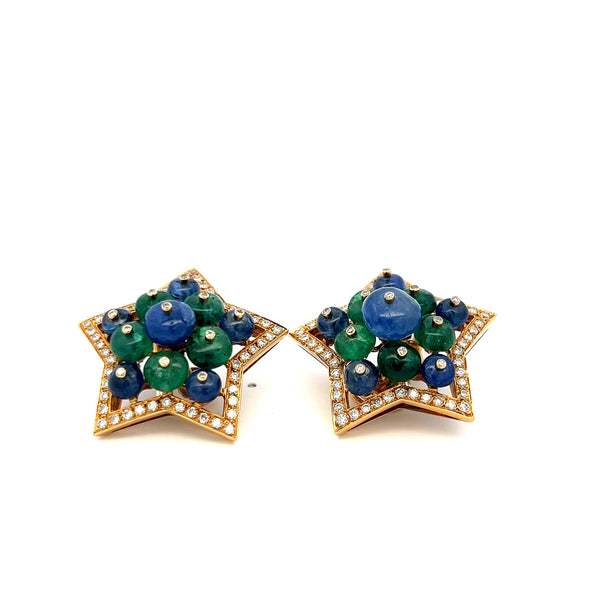 2.15 Carat Round Diamond 6.5MM Emerald 5-9MM Sapphire 18K YG Clip on Earrings