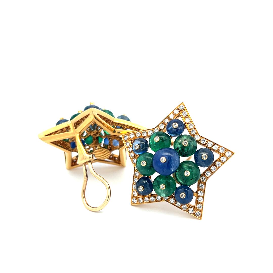 2.15 Carat Round Diamond 6.5MM Emerald 5-9MM Sapphire 18K YG Clip on Earrings