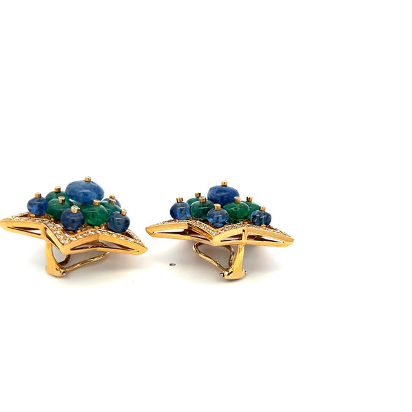 2.15 Carat Round Diamond 6.5MM Emerald 5-9MM Sapphire 18K YG Clip on Earrings