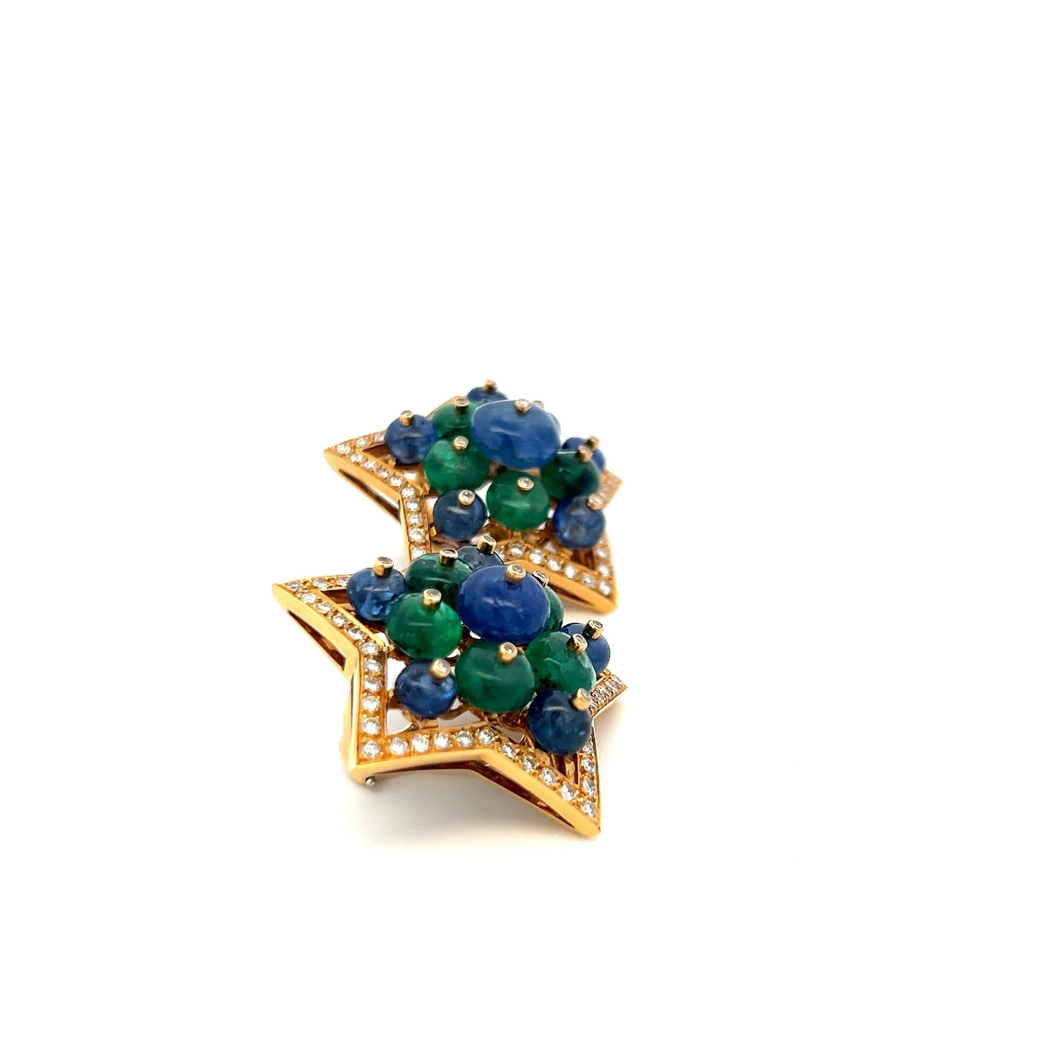 2.15 Carat Round Diamond 6.5MM Emerald 5-9MM Sapphire 18K YG Clip on Earrings