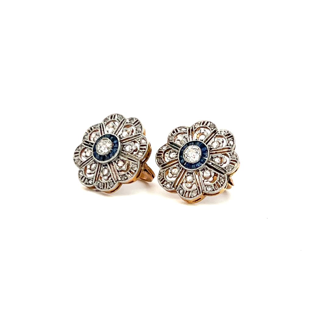 0.57 Carat Old European Cut Diamond 0.14 Carat Sapphire 18K GLD/PLAT Earrings