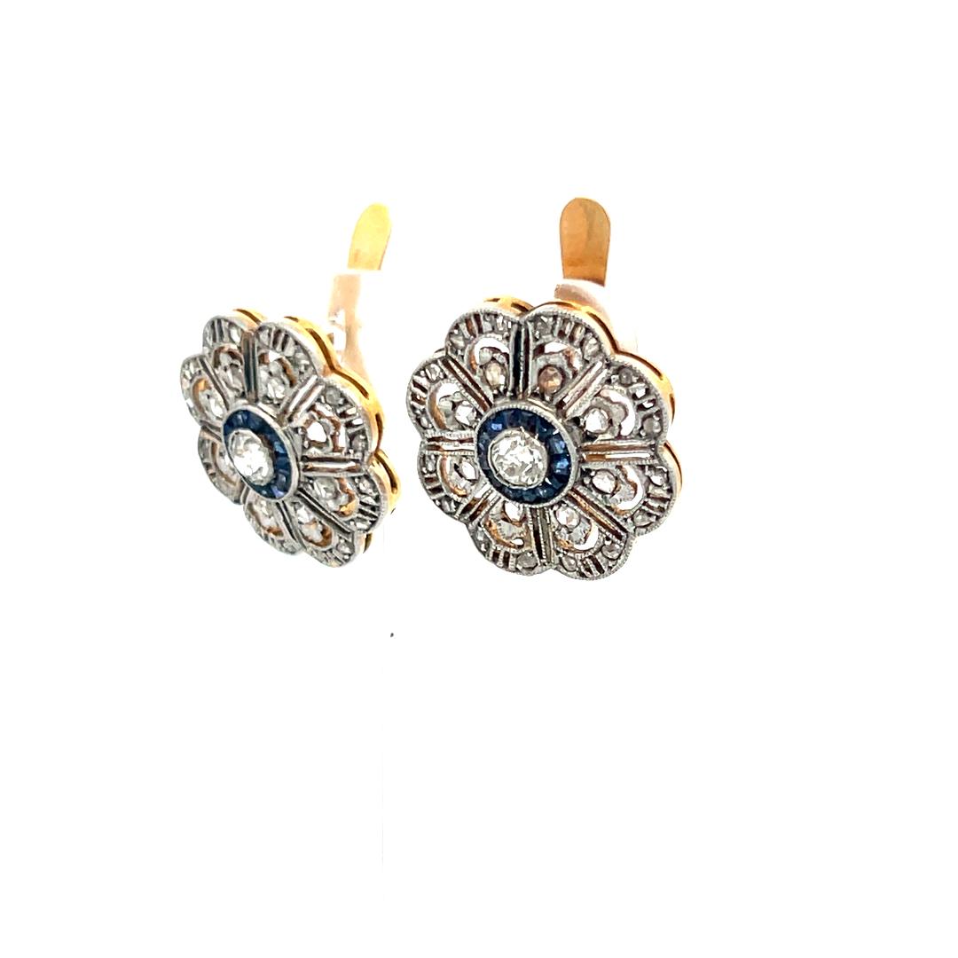 0.57 Carat Old European Cut Diamond 0.14 Carat Sapphire 18K GLD/PLAT Earrings