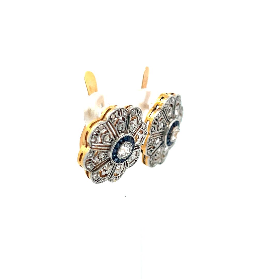 0.57 Carat Old European Cut Diamond 0.14 Carat Sapphire 18K GLD/PLAT Earrings