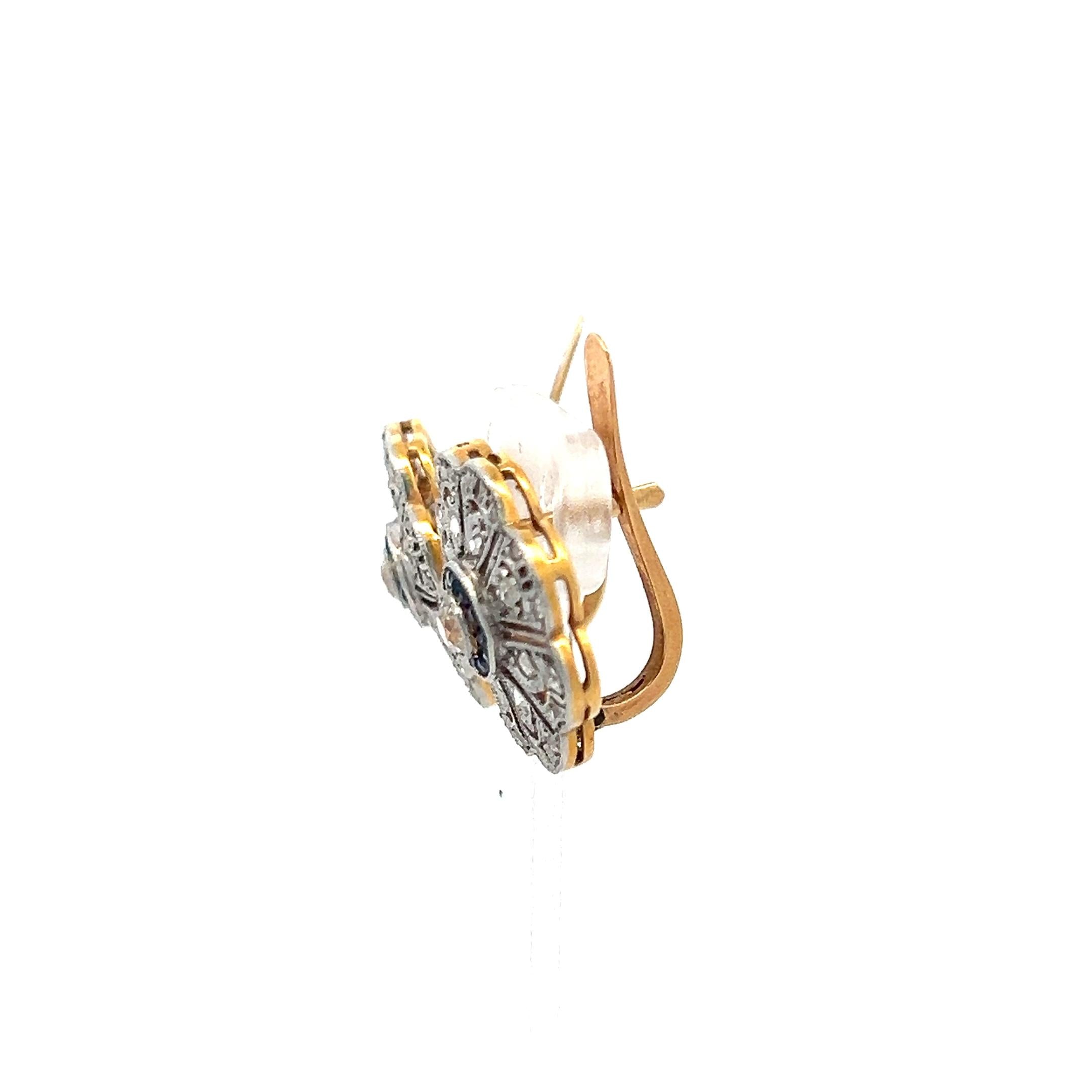 0.57 Carat Old European Cut Diamond 0.14 Carat Sapphire 18K GLD/PLAT Earrings