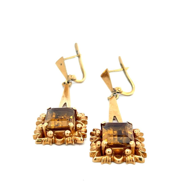 10.00 Carat Emerald Cut Citrine 18 Karat Yellow Gold Dangling Earrings