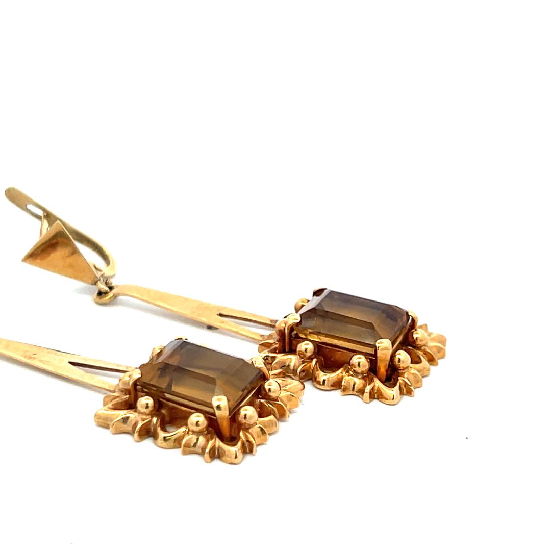 10.00 Carat Emerald Cut Citrine 18 Karat Yellow Gold Dangling Earrings