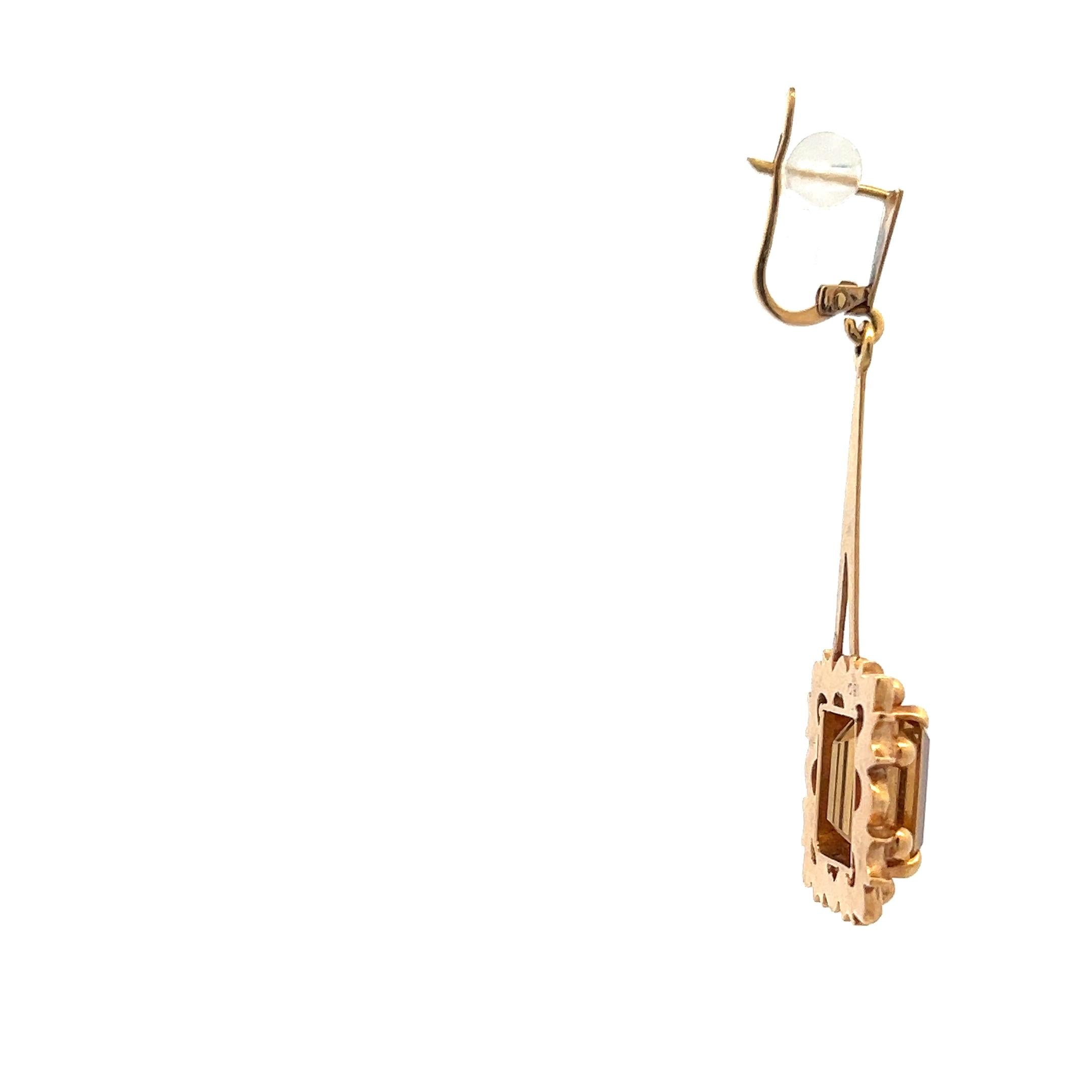 10.00 Carat Emerald Cut Citrine 18 Karat Yellow Gold Dangling Earrings