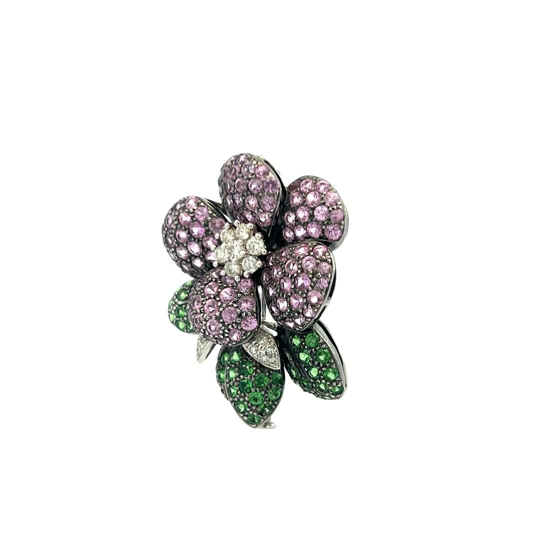 3.80 Carat Sapphire 1.25 Carat Tsavorite 0.50 Carat Diamond 18K WG Pin Brooch