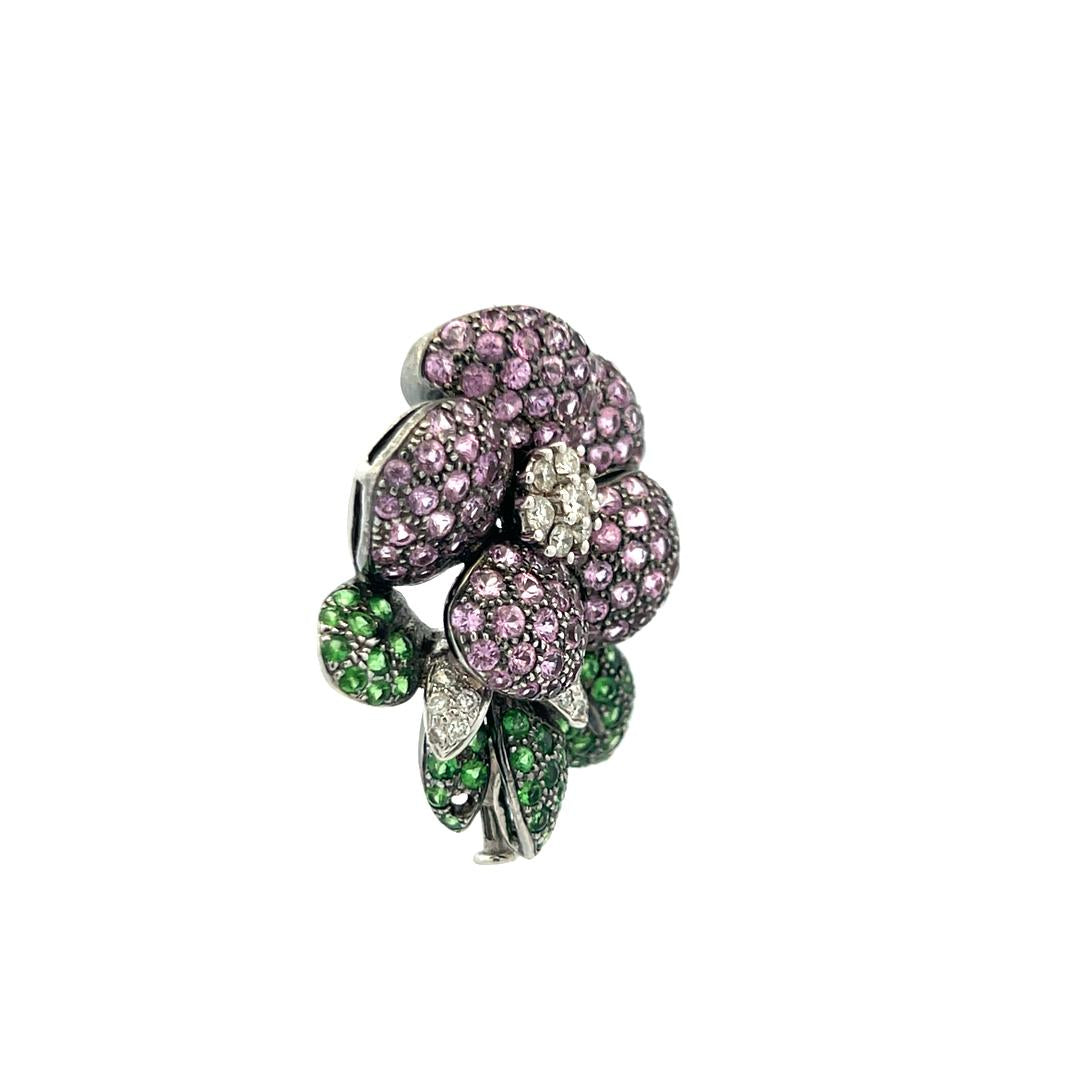 3.80 Carat Sapphire 1.25 Carat Tsavorite 0.50 Carat Diamond 18K WG Pin Brooch