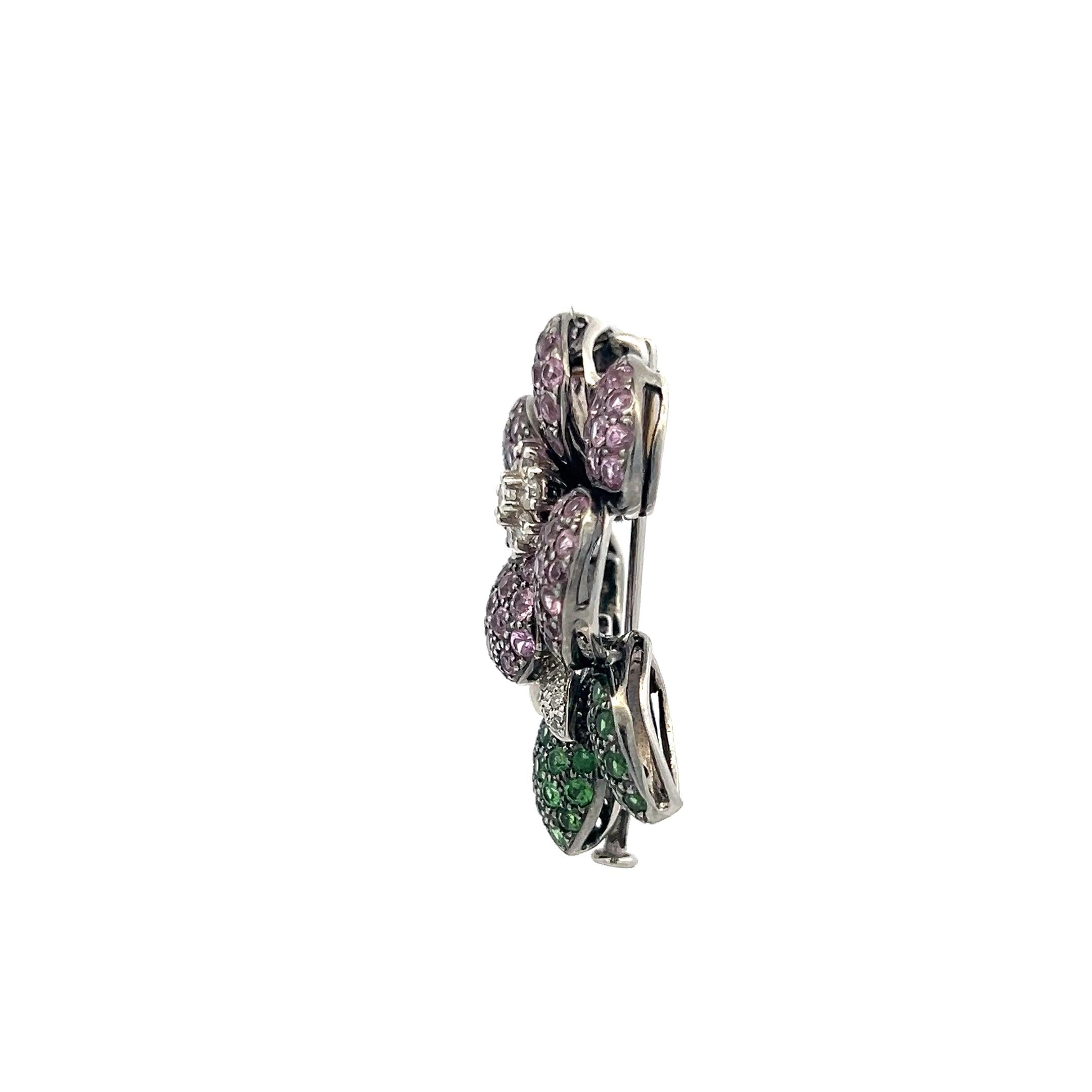 3.80 Carat Sapphire 1.25 Carat Tsavorite 0.50 Carat Diamond 18K WG Pin Brooch