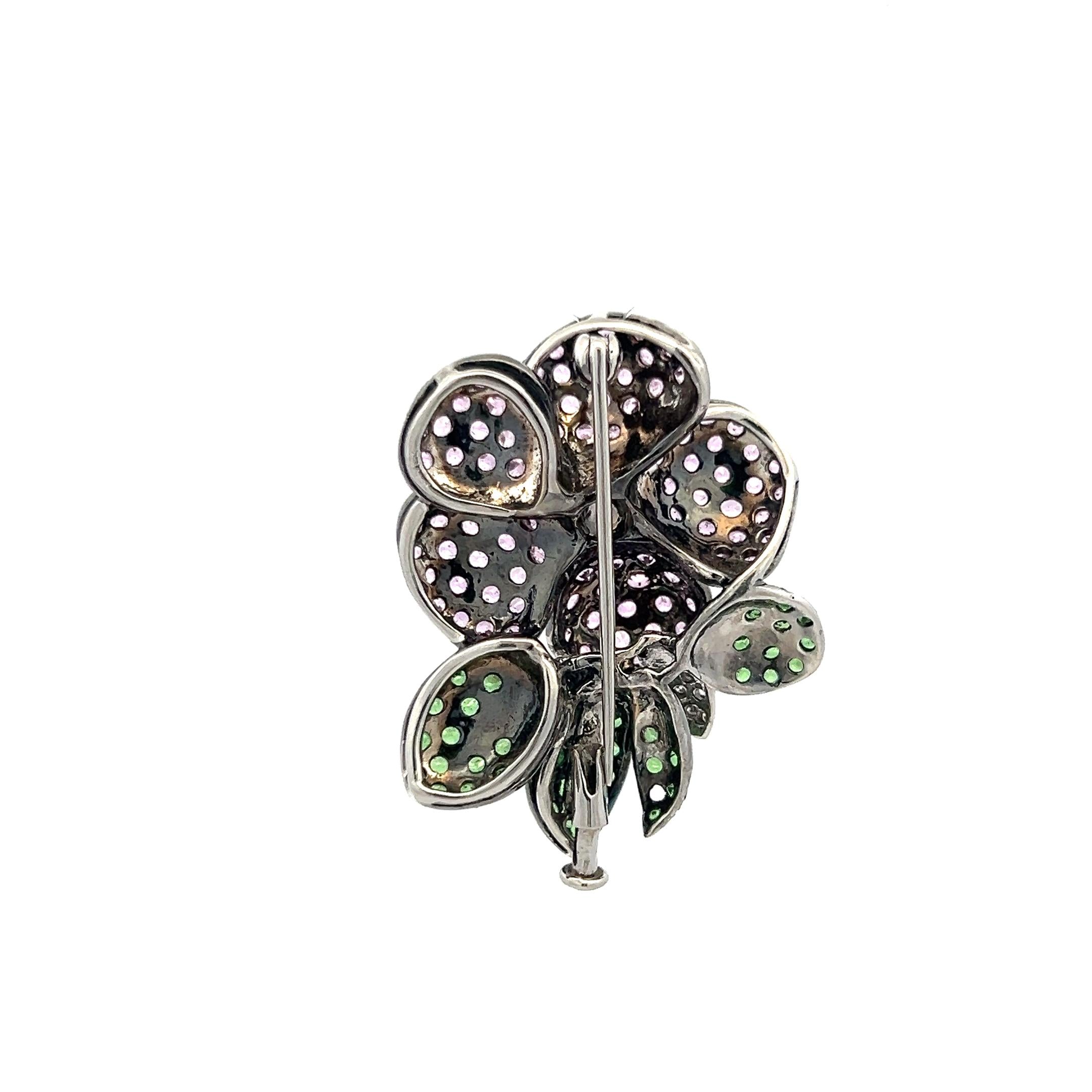 3.80 Carat Sapphire 1.25 Carat Tsavorite 0.50 Carat Diamond 18K WG Pin Brooch