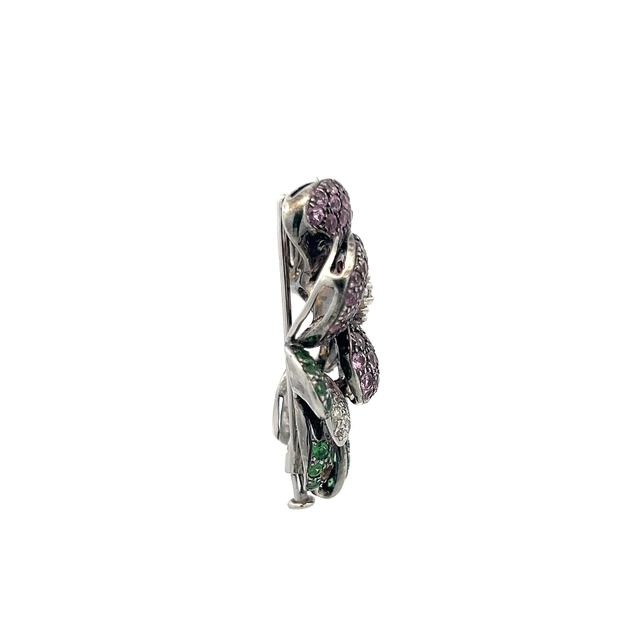 3.80 Carat Sapphire 1.25 Carat Tsavorite 0.50 Carat Diamond 18K WG Pin Brooch