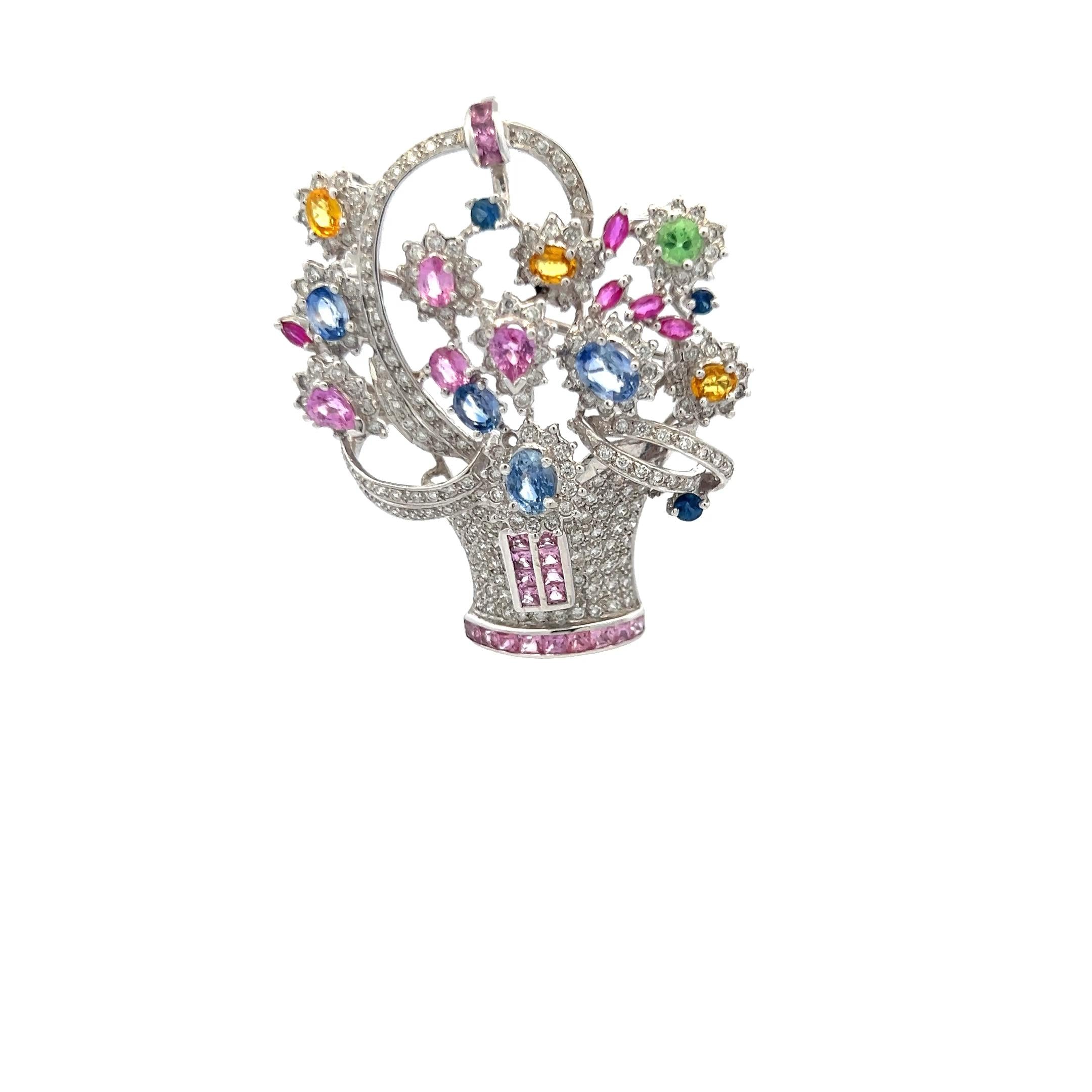 3.85 Carat Mixed Shape Sapphire 2.06 Carat Diamond 18K White Gold Pin Brooch