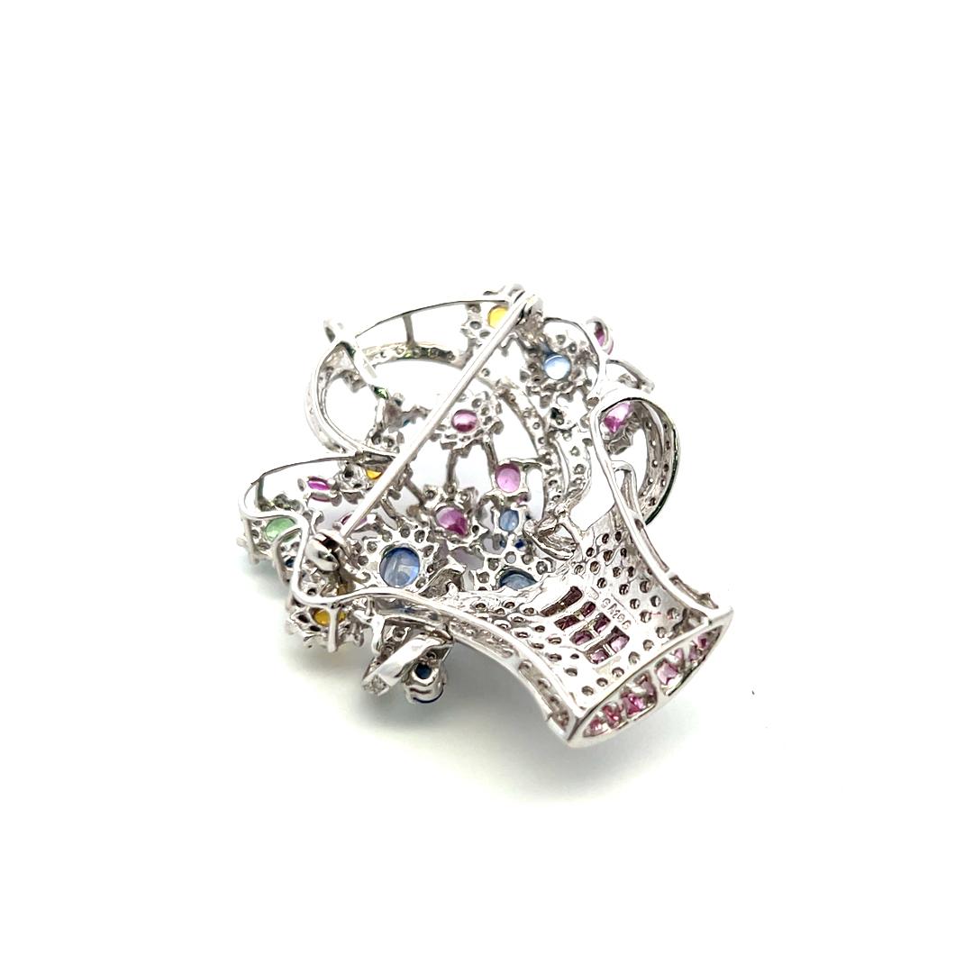 3.85 Carat Mixed Shape Sapphire 2.06 Carat Diamond 18K White Gold Pin Brooch