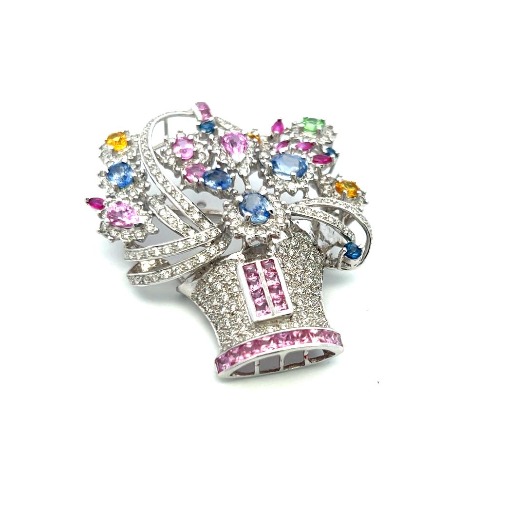 3.85 Carat Mixed Shape Sapphire 2.06 Carat Diamond 18K White Gold Pin Brooch