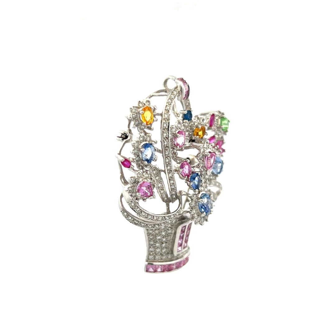 3.85 Carat Mixed Shape Sapphire 2.06 Carat Diamond 18K White Gold Pin Brooch