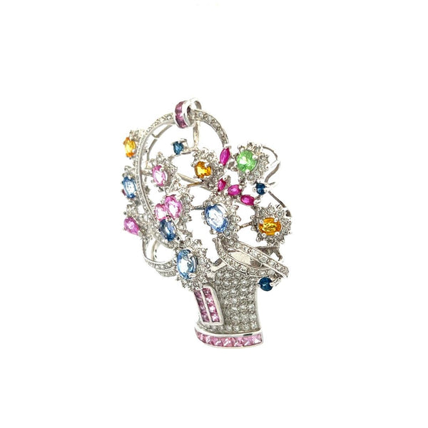 3.85 Carat Mixed Shape Sapphire 2.06 Carat Diamond 18K White Gold Pin Brooch