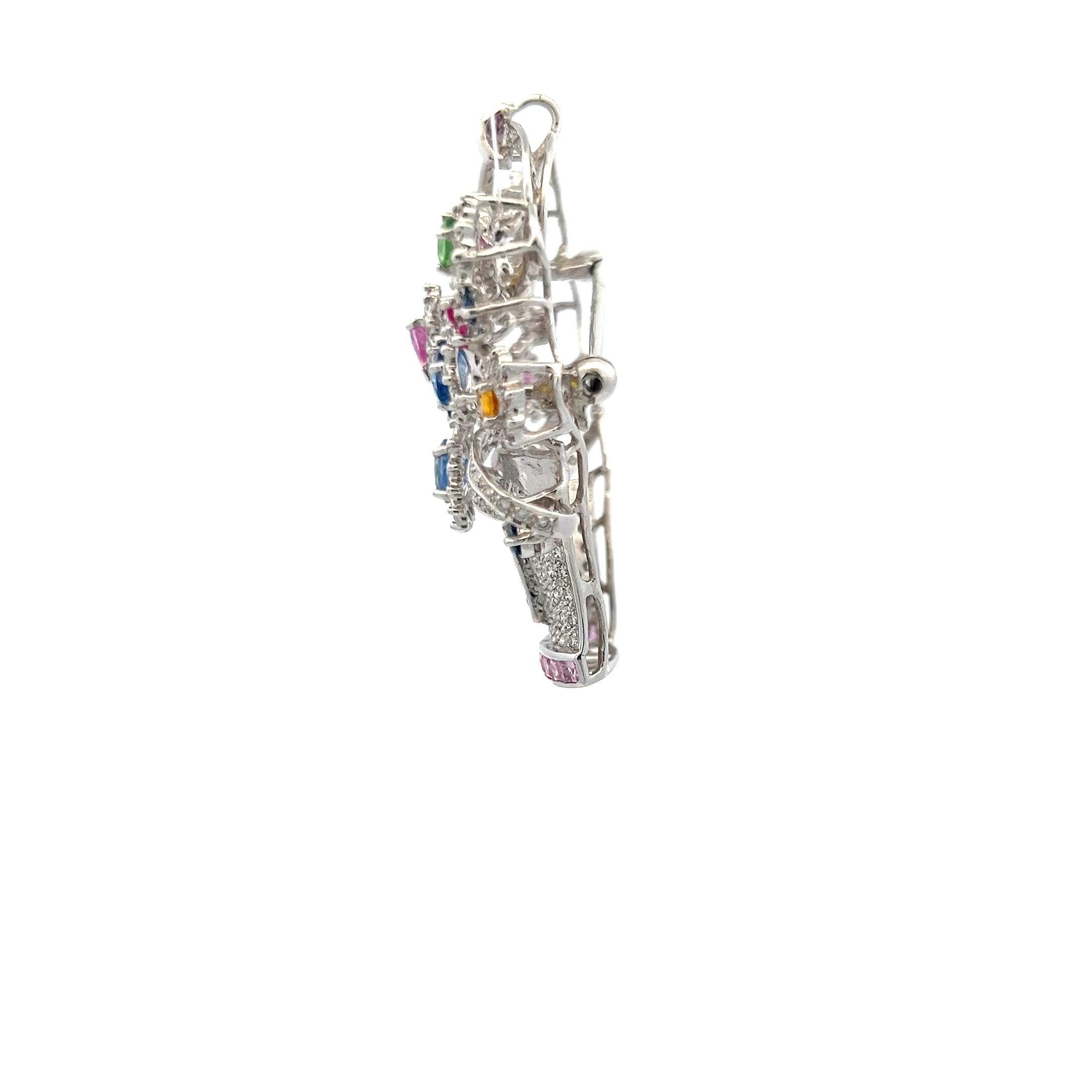 3.85 Carat Mixed Shape Sapphire 2.06 Carat Diamond 18K White Gold Pin Brooch