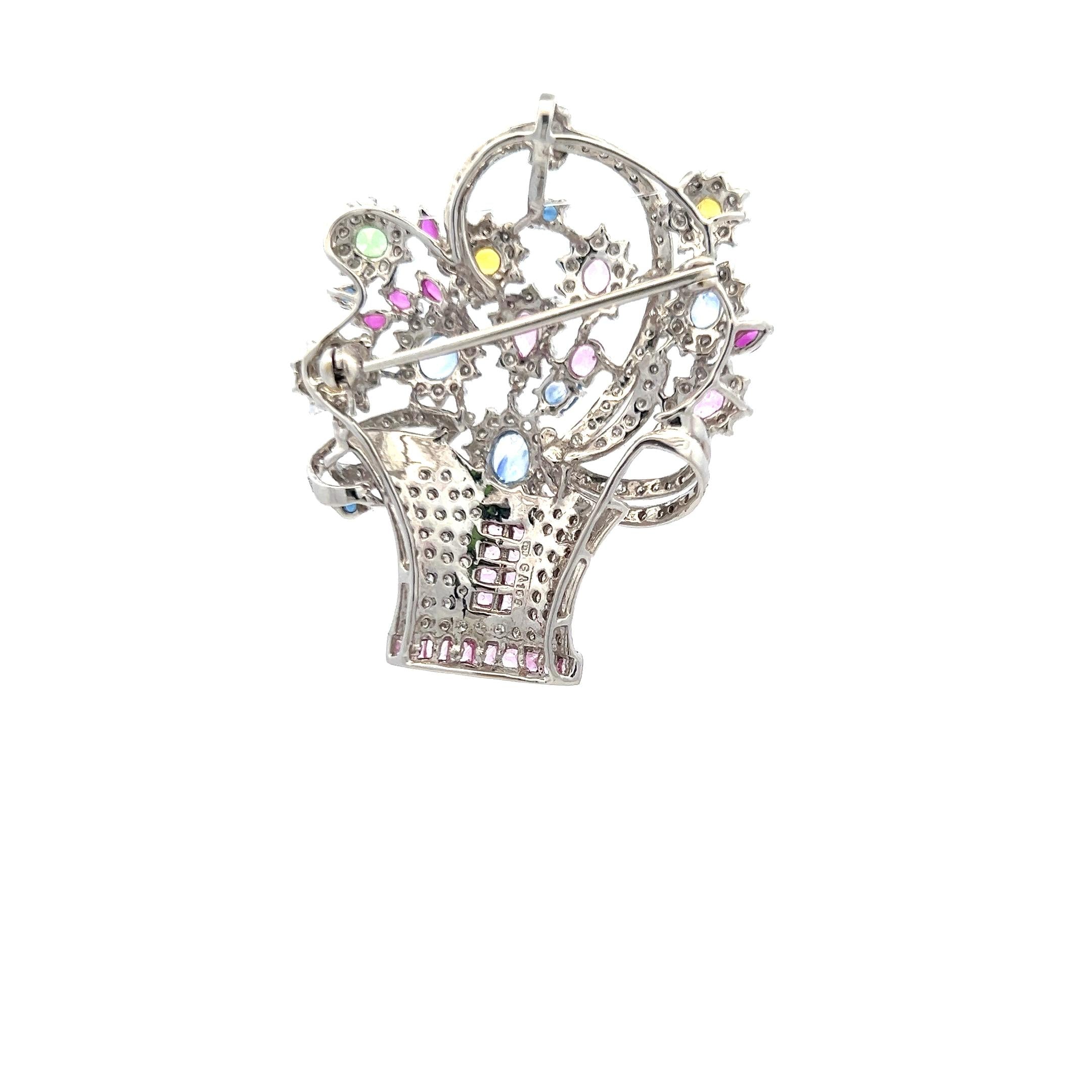 3.85 Carat Mixed Shape Sapphire 2.06 Carat Diamond 18K White Gold Pin Brooch