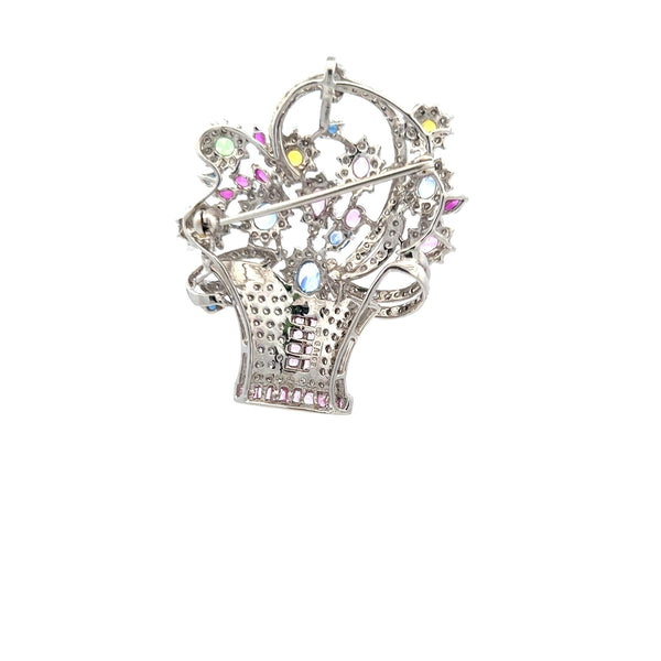 3.85 Carat Mixed Shape Sapphire 2.06 Carat Diamond 18K White Gold Pin Brooch