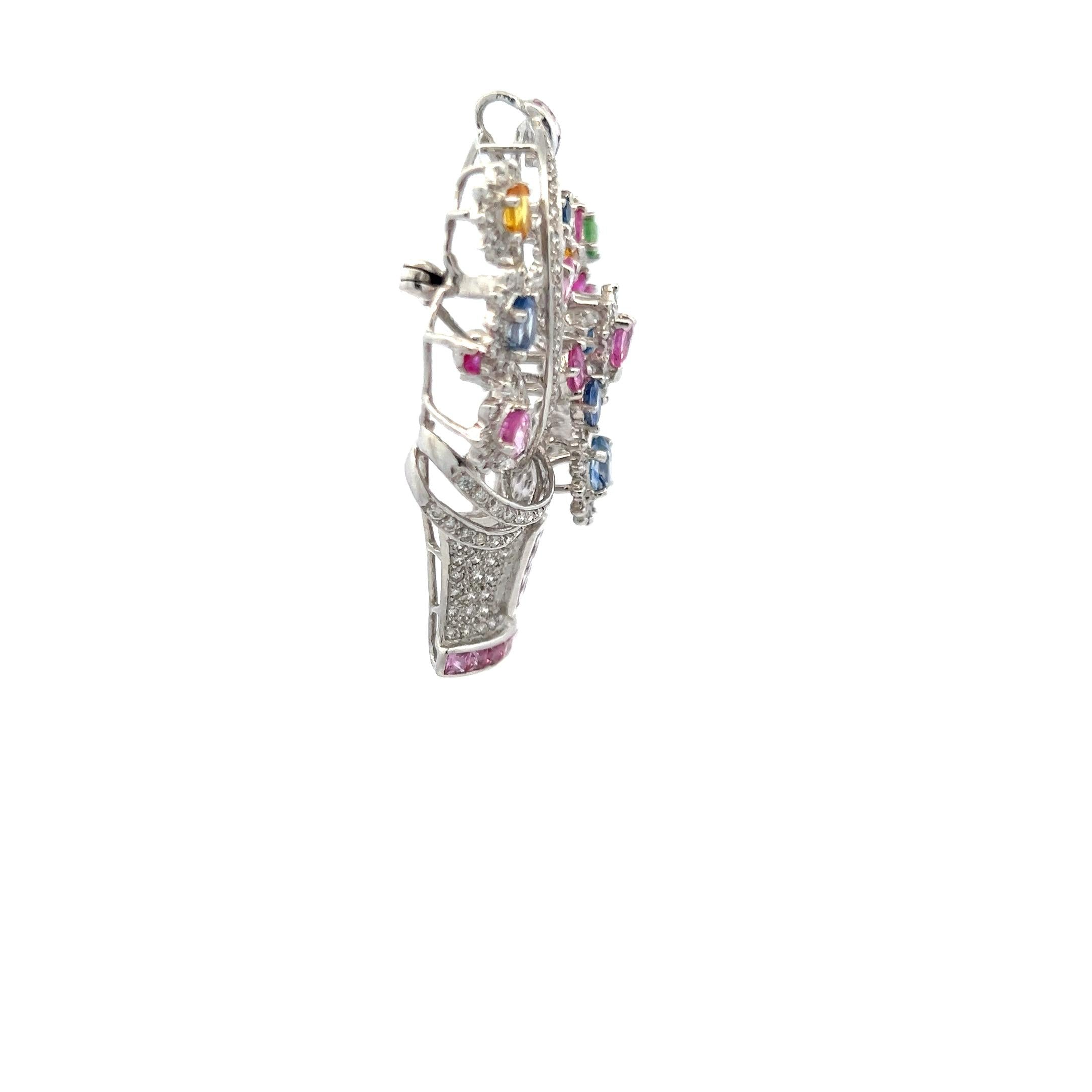 3.85 Carat Mixed Shape Sapphire 2.06 Carat Diamond 18K White Gold Pin Brooch