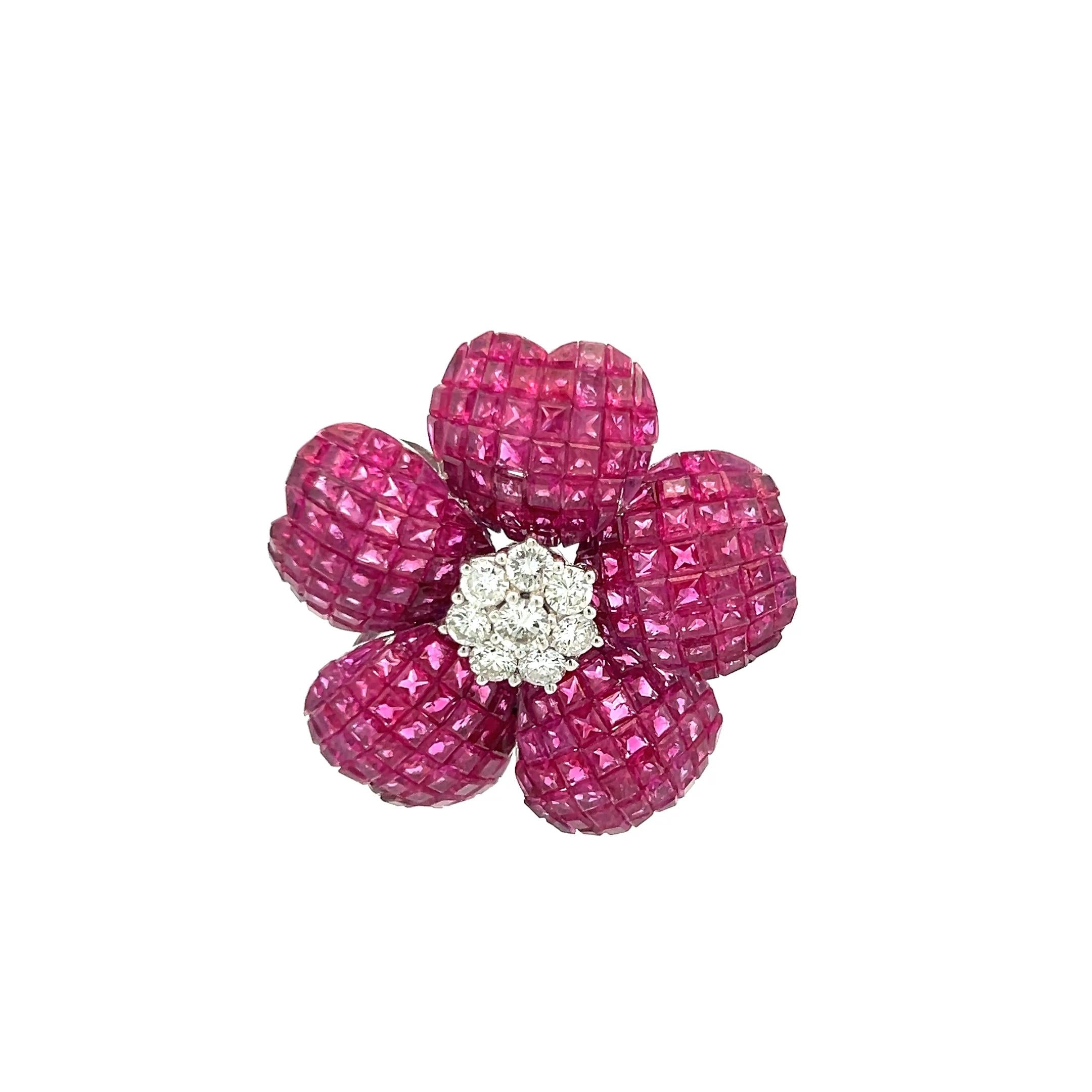 18K White Gold Pin Brooch with 1.25ct Round H VS Diamonds and 17 Carat Ruby