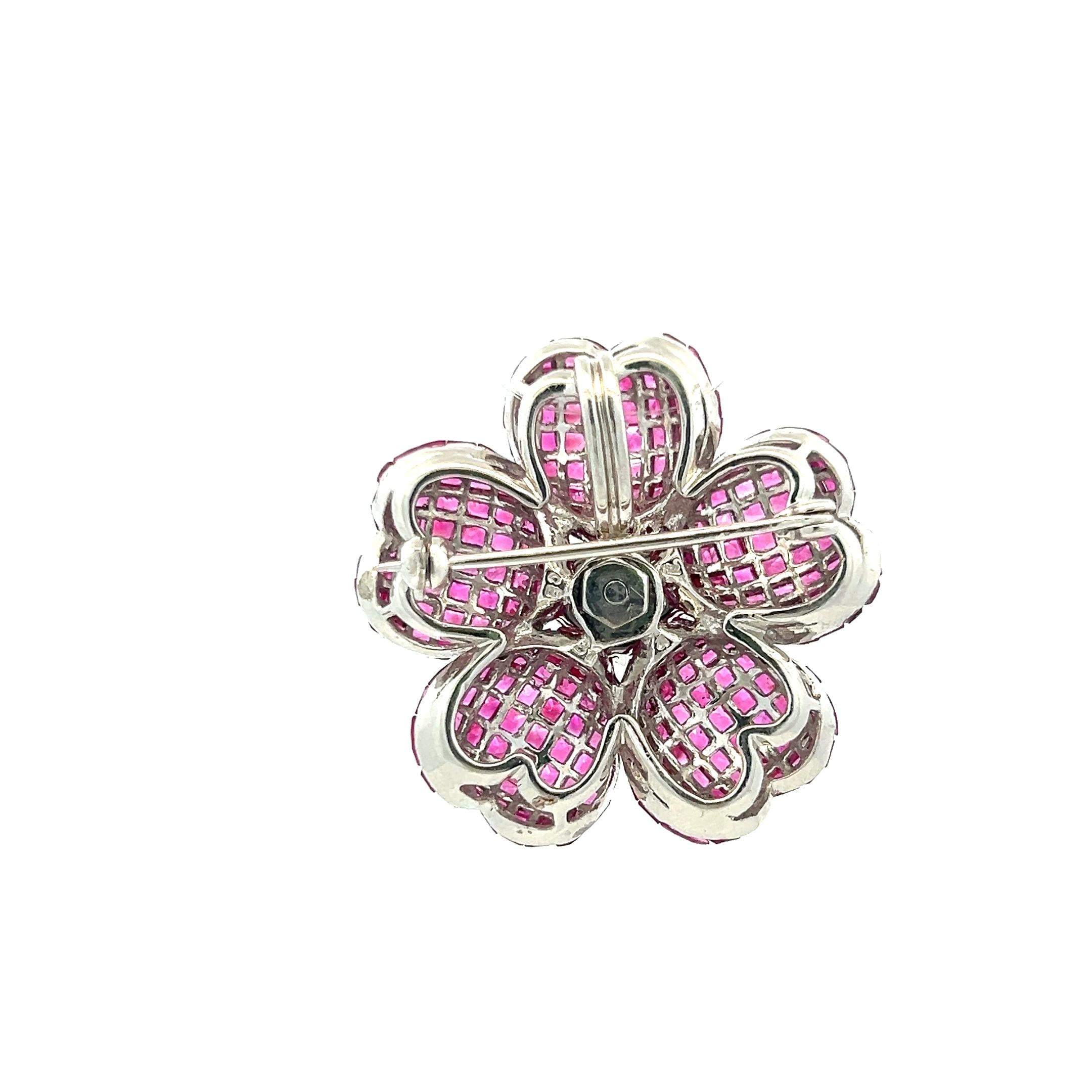 18K White Gold Pin Brooch with 1.25ct Round H VS Diamonds and 17 Carat Ruby