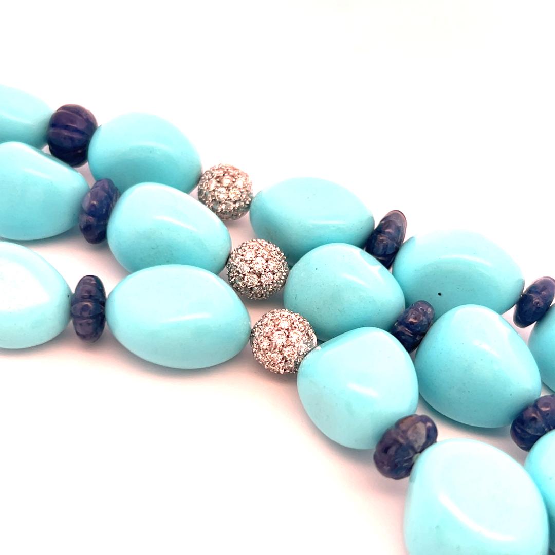 2.10 Carat Sapphire 1.35 Carat Diamond Turquoise and Pearl 18K WG Link Bracelet